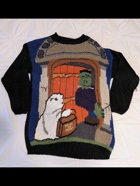 Black Halloween Crewneck Sweater with Frankenstein & Ghost Graphic